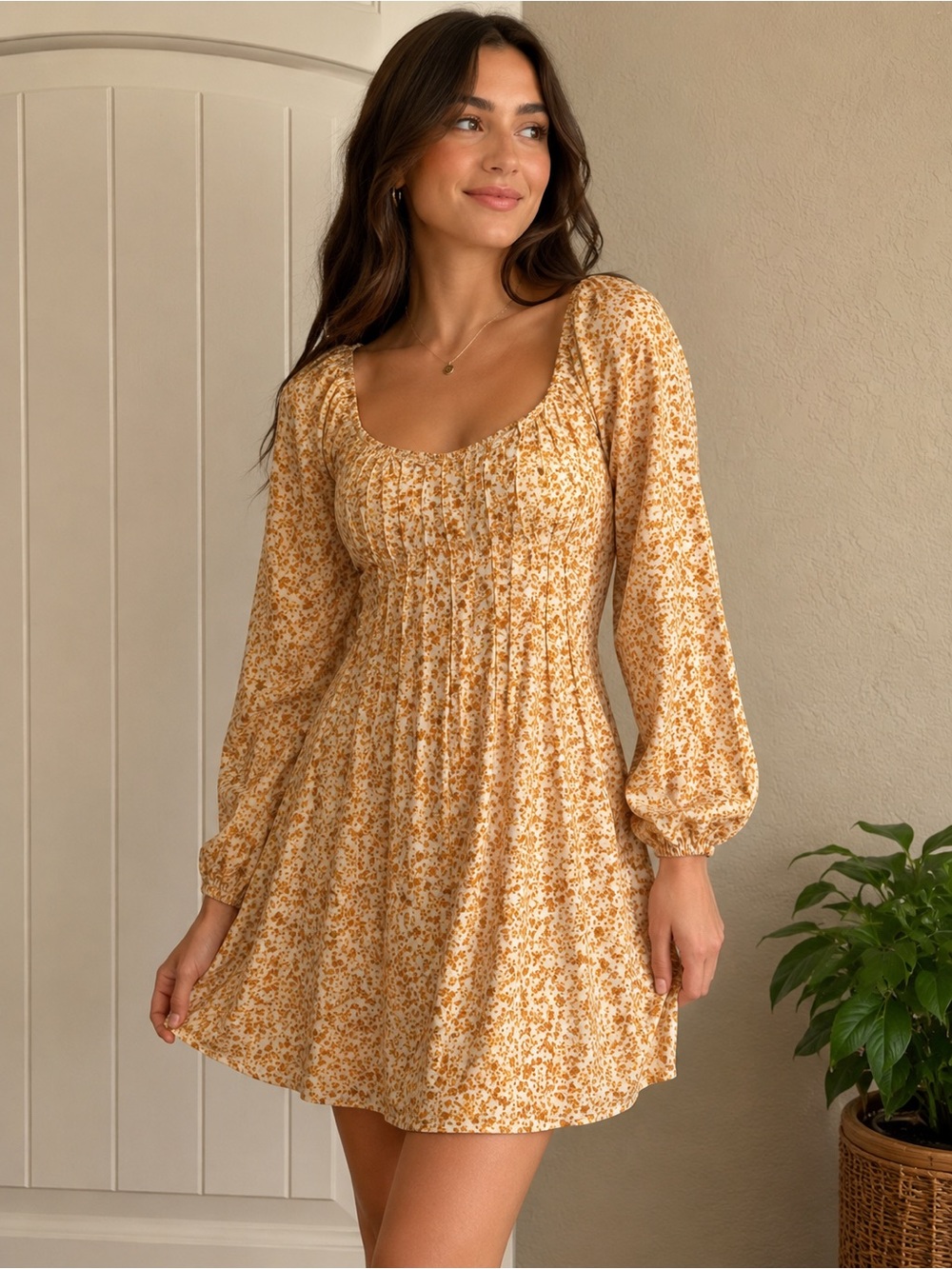 Copper Key Yellow Floral Long Sleeve Mini Dress